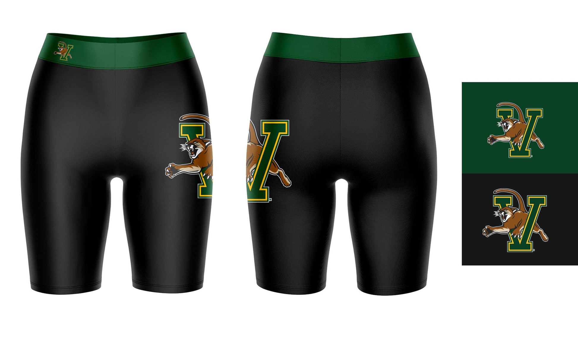 Vermont Catamounts Vive La Fete Game Day Logo on Thigh and Waistband Black and Green Women Bike Short 9 Inseam"