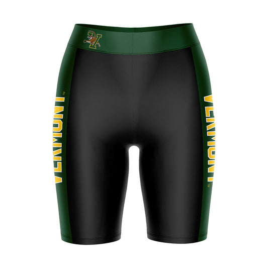 Vermont Catamounts Vive La Fete Game Day Logo on Waistband and Green Stripes Black Women Bike Short 9 Inseam"