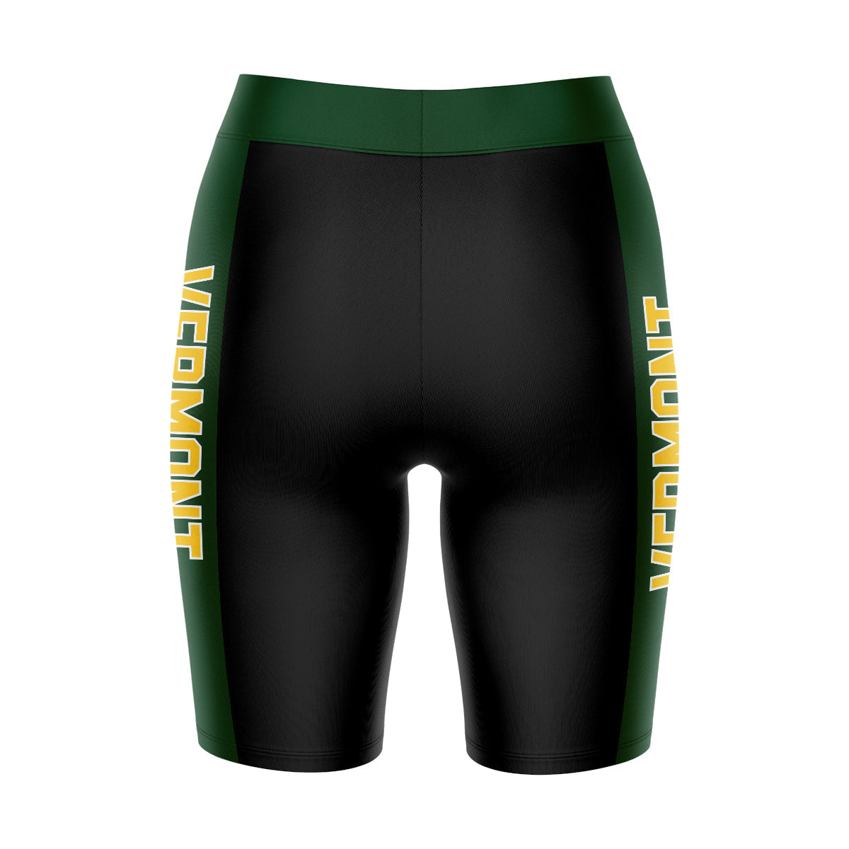 Vermont Catamounts Vive La Fete Game Day Logo on Waistband and Green Stripes Black Women Bike Short 9 Inseam"