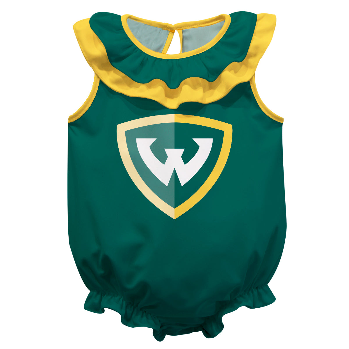 Wayne State University Warriors Green Sleeveless Ruffle One Piece Jumpsuit Logo Bodysuit by Vive La Fete