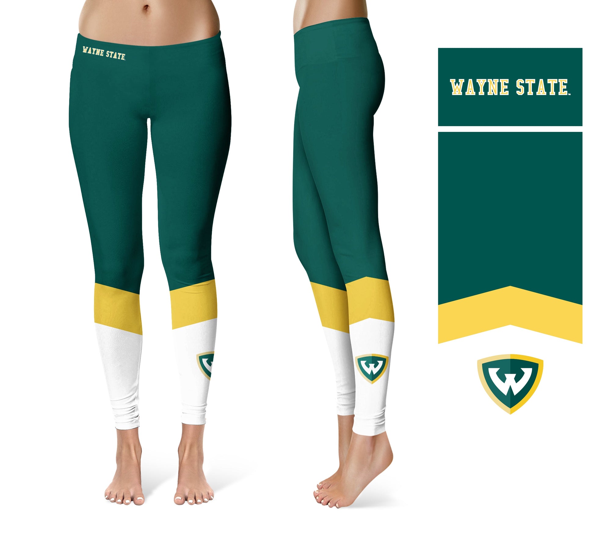 Wayne State University Warriors Vive La Fete Game Day Collegiate Ankle Color Block Women Green White Yoga Leggings