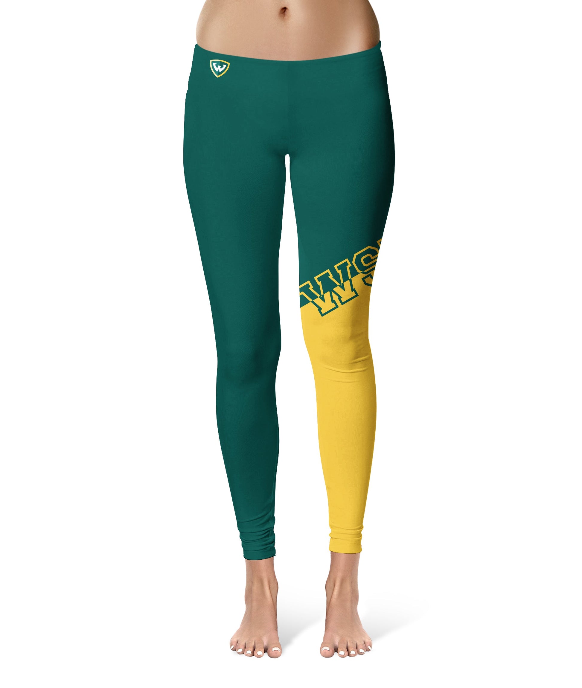 Wayne State Warriors Vive La Fete Game Day Collegiate Leg Color Block Women Green Gold Yoga Leggings