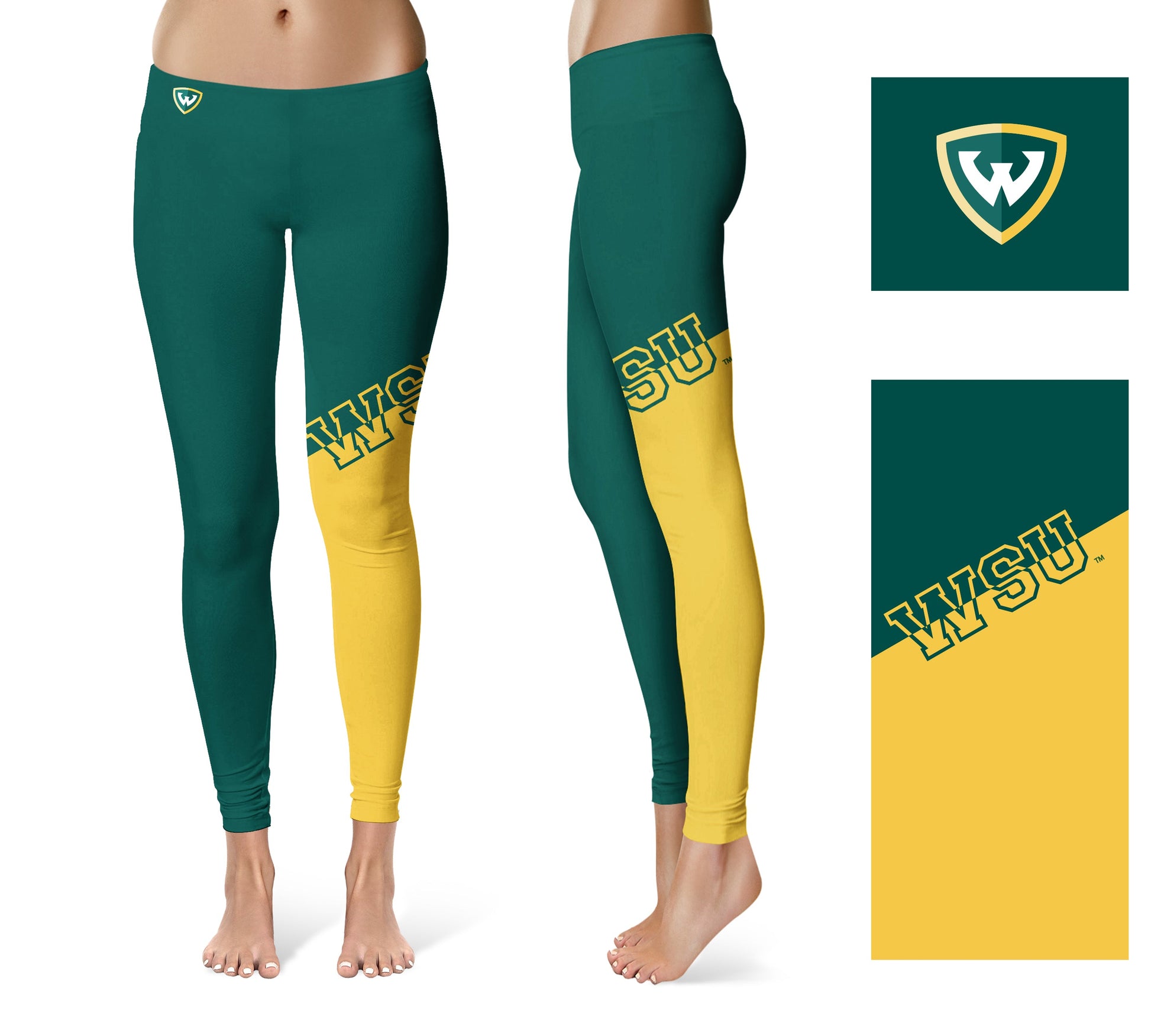 Wayne State Warriors Vive La Fete Game Day Collegiate Leg Color Block Women Green Gold Yoga Leggings