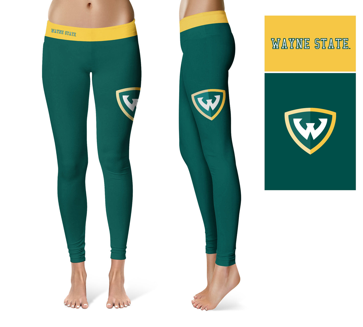 Wayne State Warriors Vive La Fete Game Day Collegiate Logo on Thigh Green Women Yoga Leggings 2.5 Waist Tights