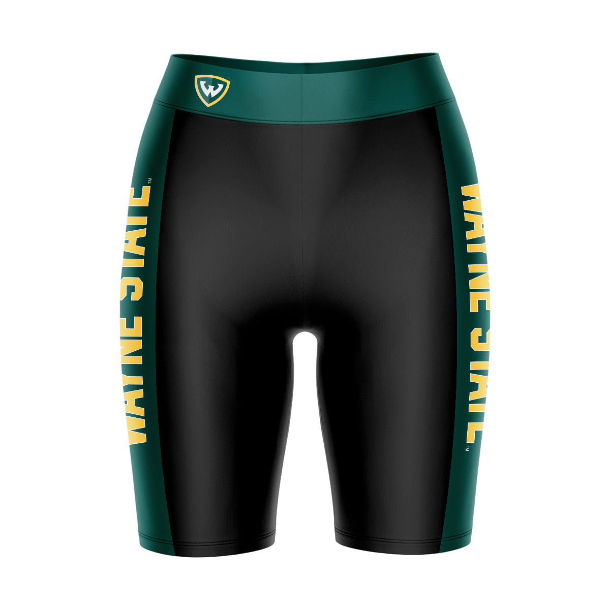 Wayne State Warriors Vive La Fete Game Day Logo on Waistband and Green Stripes Black Women Bike Short 9 Inseam