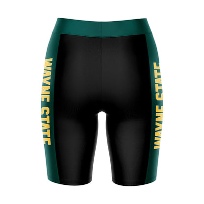 Wayne State Warriors Vive La Fete Game Day Logo on Waistband and Green Stripes Black Women Bike Short 9 Inseam