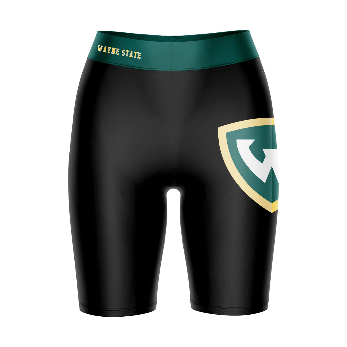 Wayne State Warriors Vive La Fete Game Day Logo on Thigh and Waistband Black and Green Women Bike Short 9 Inseam