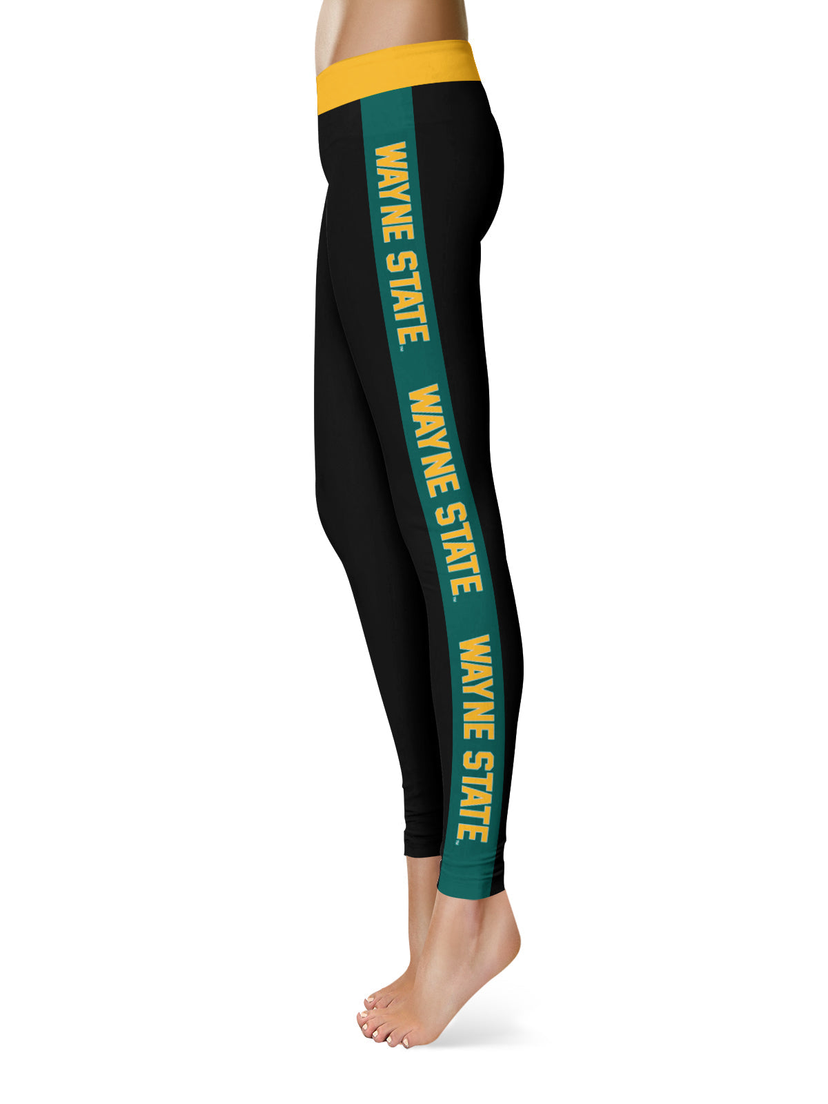 Wayne State University Warriors Vive La Fete Game Day Collegiate Green Stripes Women Black Yoga Leggings 2 Waist Tights