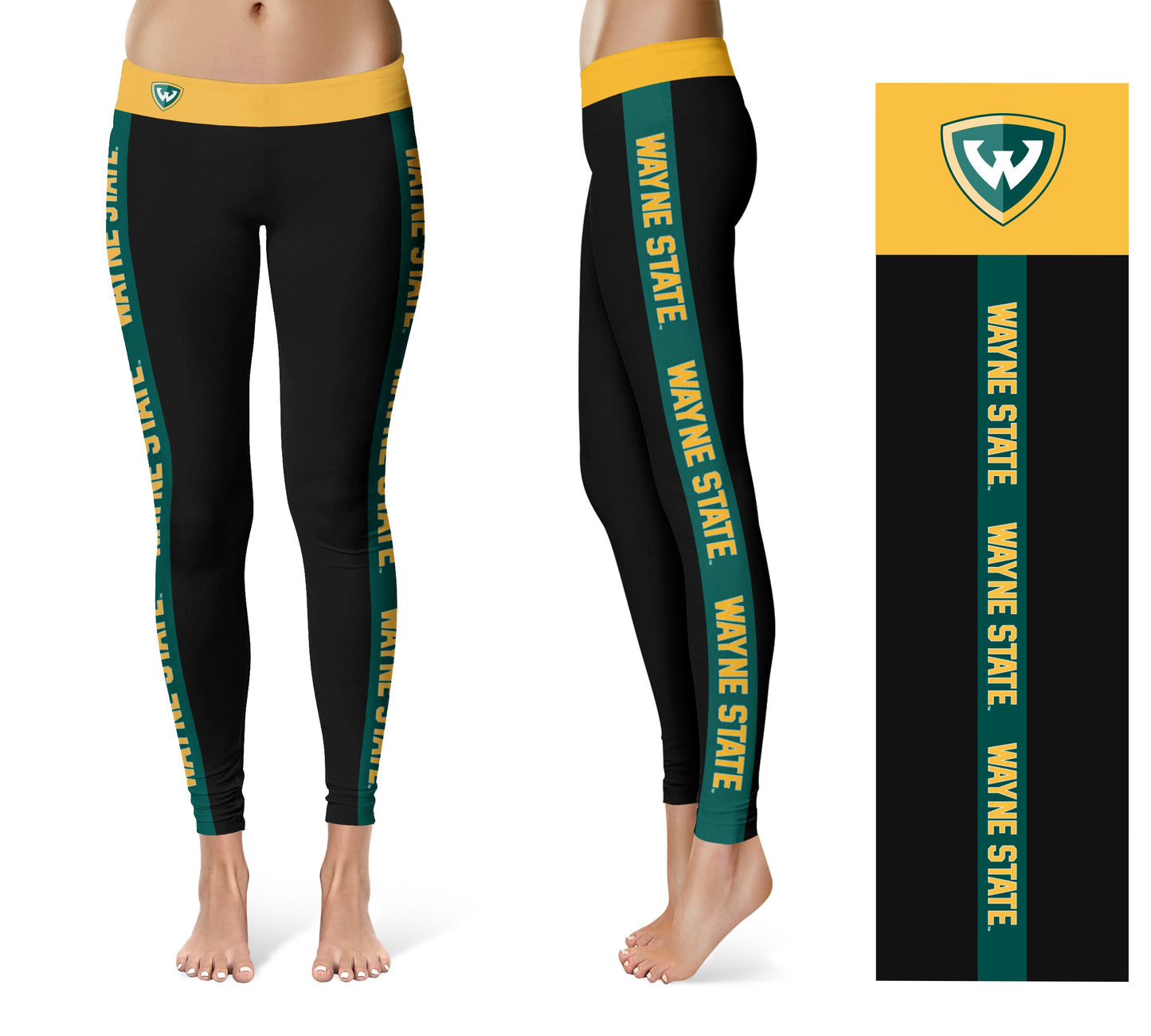 Wayne State University Warriors Vive La Fete Game Day Collegiate Green Stripes Women Black Yoga Leggings 2 Waist Tights