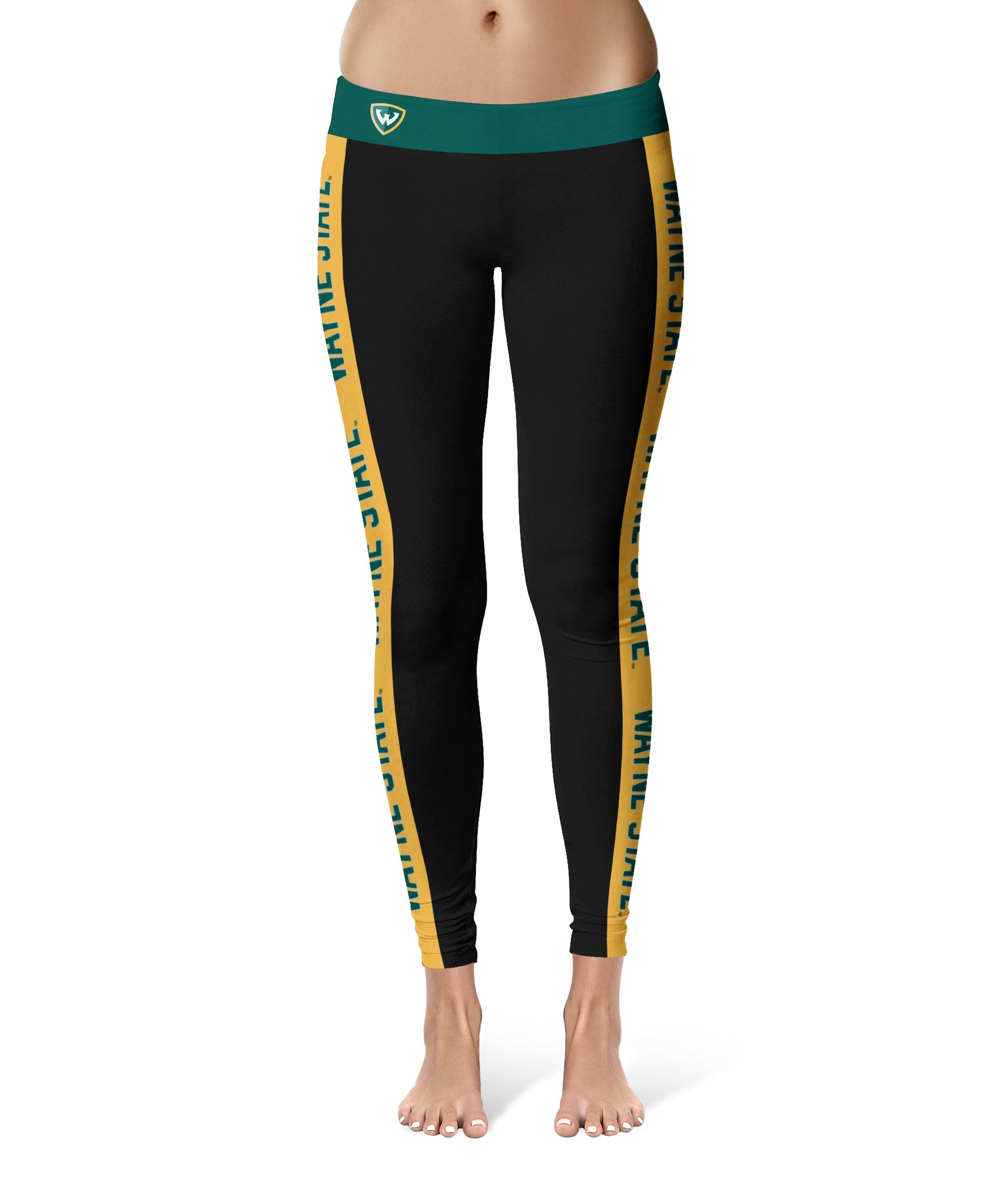 Wayne State University Warriors Vive La Fete Game Day Collegiate Gold Stripes Women Black Yoga Leggings 2 Waist Tights