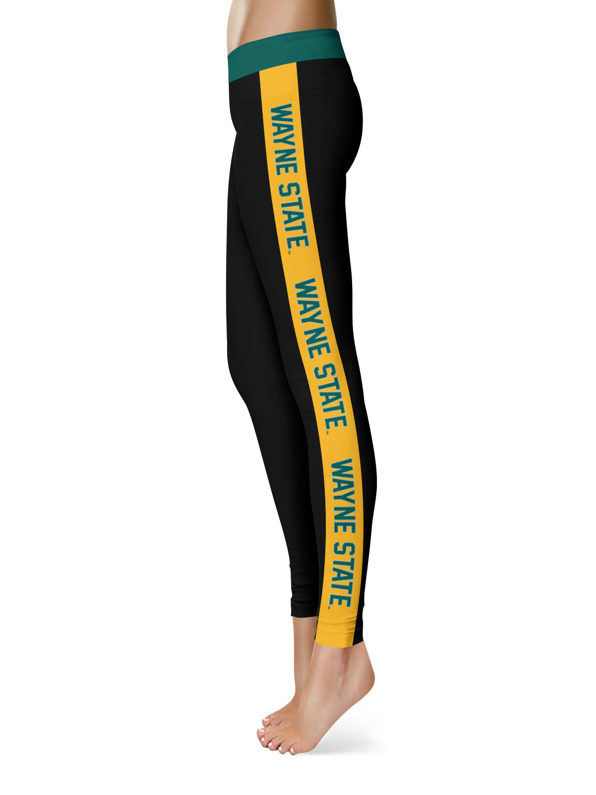 Wayne State University Warriors Vive La Fete Game Day Collegiate Gold Stripes Women Black Yoga Leggings 2 Waist Tights