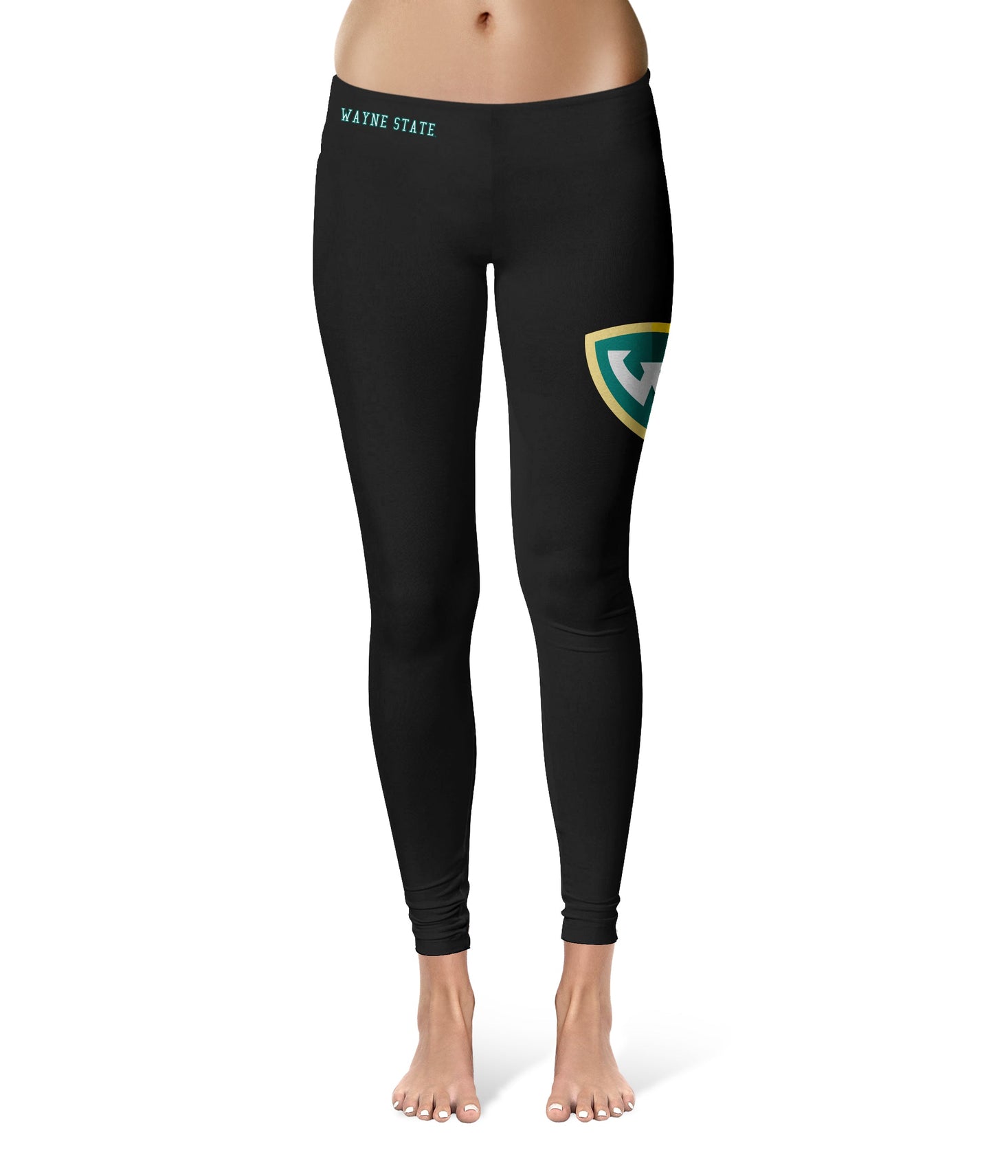 Wayne State Warriors Vive La Fete Game Day Collegiate Large Logo on Thigh Women Black Yoga Leggings 2.5 Waist Tights