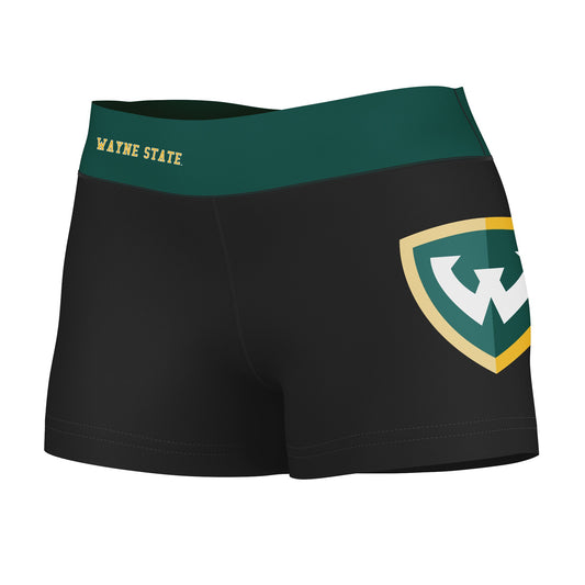 Wayne State Warriors Vive La Fete Logo on Thigh & Waistband Black & Green Women Yoga Booty Workout Shorts 3.75 Inseam