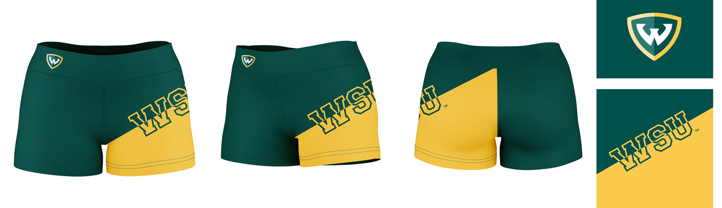 Wayne State Warriors Vive La Fete Game Day Collegiate Leg Color Block Women Green Gold Optimum Yoga Short - Vive La F̻te - Online Apparel Store