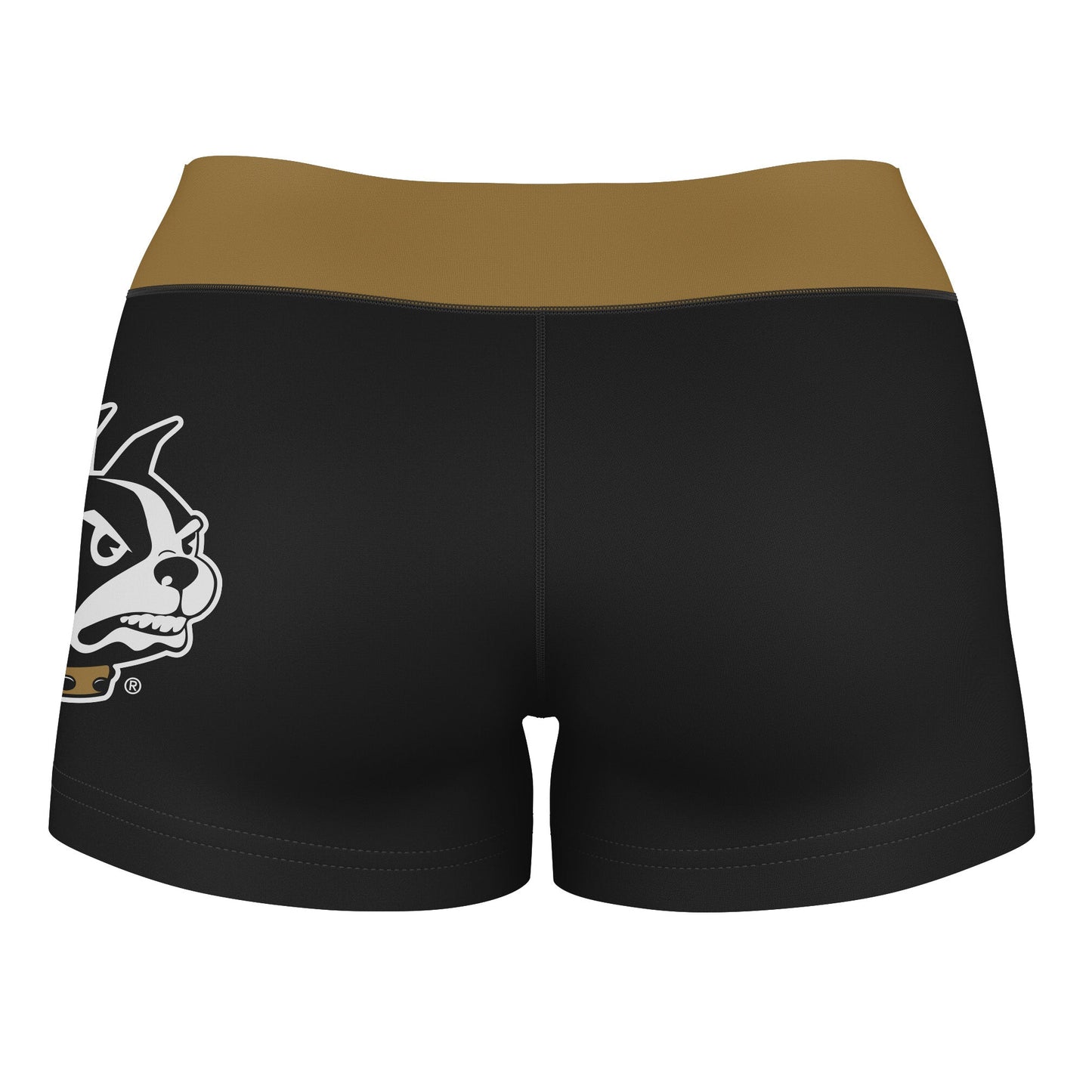 Wofford Terriers Vive La Fete Logo on Thigh & Waistband Black & Gold Women Yoga Booty Workout Shorts 3.75 Inseam" - Vive La F̻te - Online Apparel Store