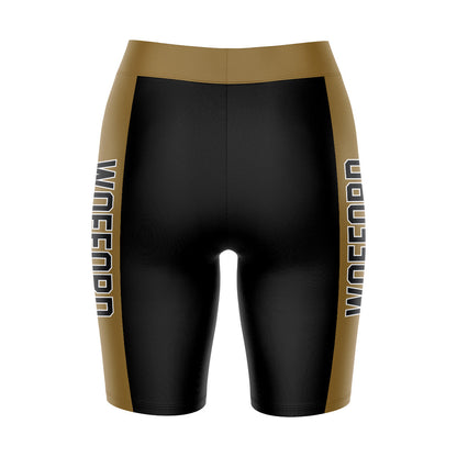 Wofford Terriers Vive La Fete Game Day Logo on Waistband and Gold Stripes Black Women Bike Short 9 Inseam
