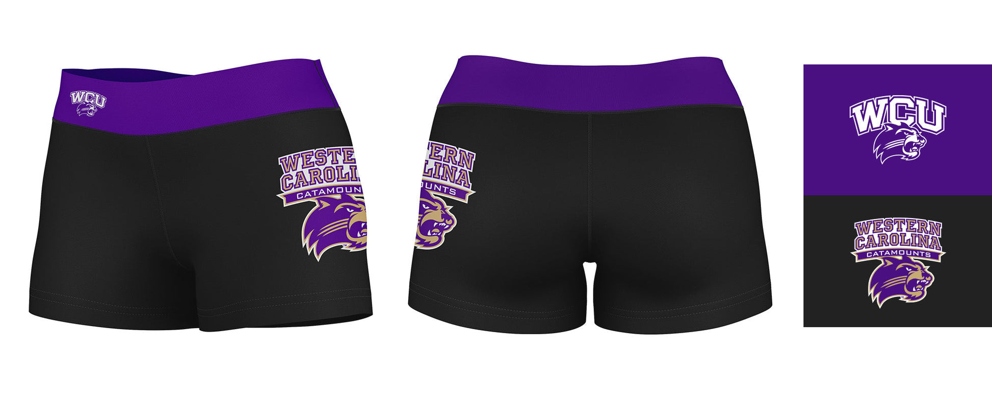 WCU Catamounts Vive La Fete Logo on Thigh and Waistband Black & Purple Women Yoga Booty Workout Shorts 3.75 Inseam" - Vive La F̻te - Online Apparel Store