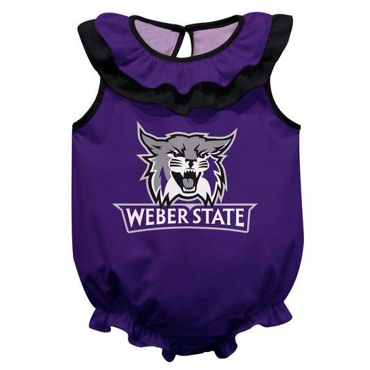 Weber State University Wildcats WSU Purple Sleeveless Ruffle One Piece Jumpsuit Logo Bodysuit by Vive La Fete