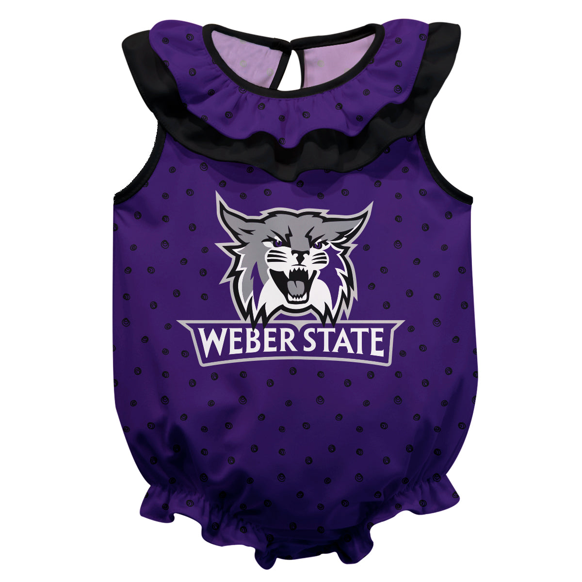 Weber State Wildcats WSU Swirls Purple Sleeveless Ruffle One Piece Jumpsuit Logo Bodysuit by Vive La Fete