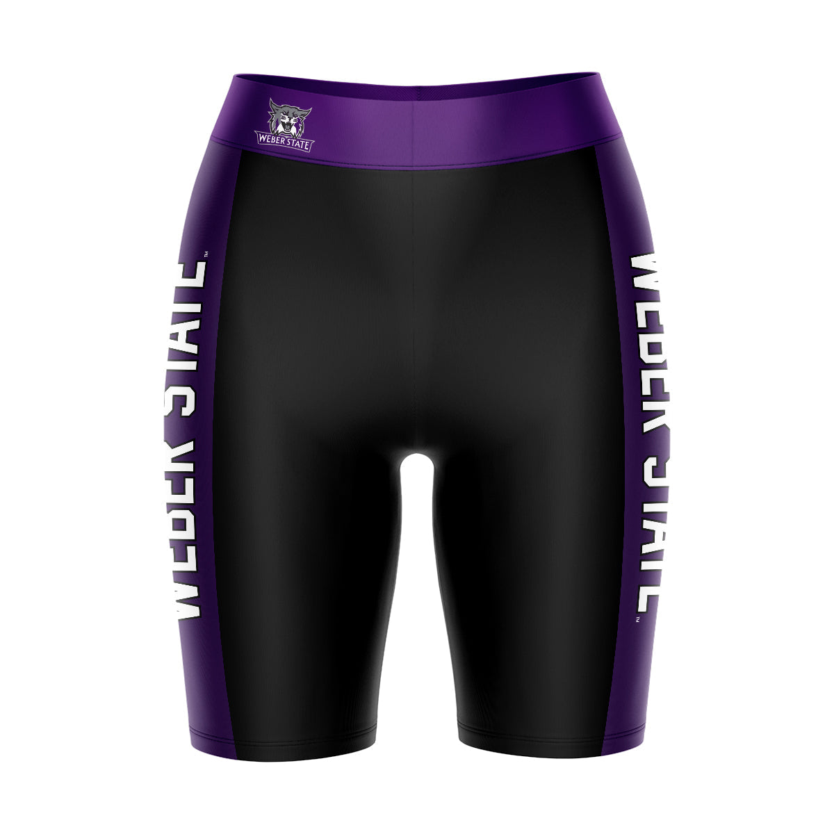 Weber State Wildcats WSU Vive La Fete Game Day Logo on Waistband and Purple Stripes Black Women Bike Short 9 Inseam