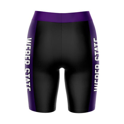 Weber State Wildcats WSU Vive La Fete Game Day Logo on Waistband and Purple Stripes Black Women Bike Short 9 Inseam