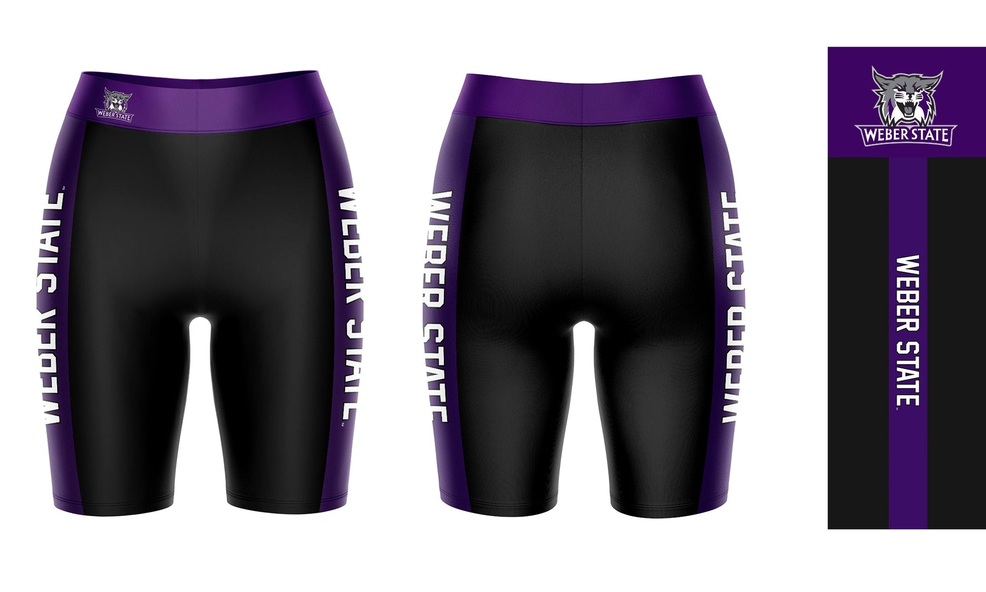 Weber State Wildcats WSU Vive La Fete Game Day Logo on Waistband and Purple Stripes Black Women Bike Short 9 Inseam