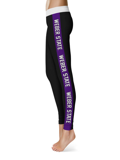 Weber State Wildcats WSU Vive La Fete Game Day Collegiate Purple Stripes Women Black Yoga Leggings 2 Waist Tights