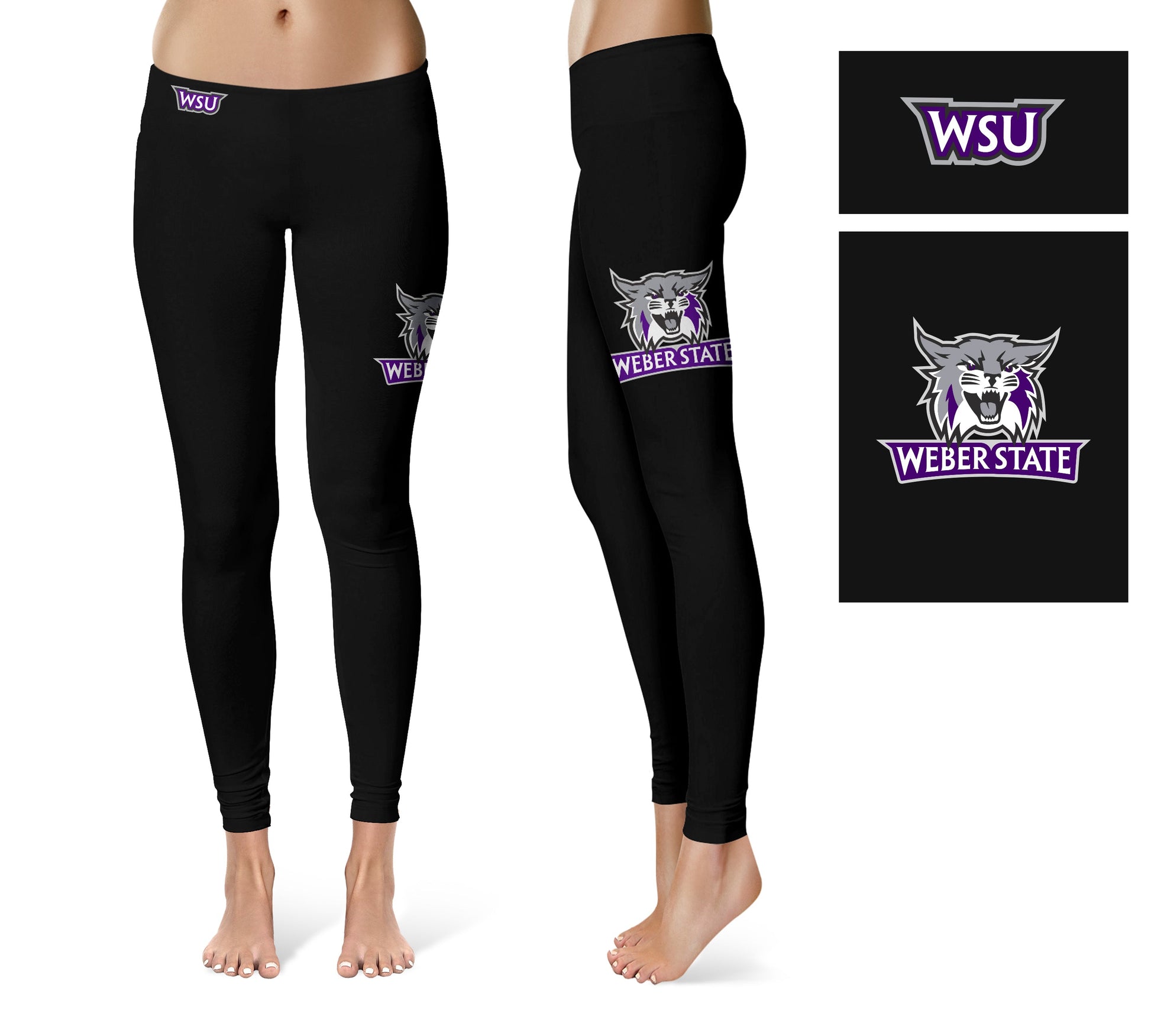 Weber State Wildcats WSU Vive La Fete Game Day Collegiate Large Logo on Thigh Women Black Yoga Leggings 2.5 Waist Tights