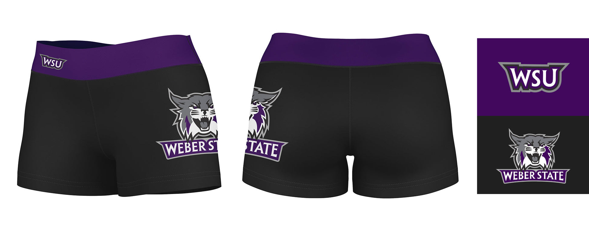 Weber State Wildcats WSU Vive La Fete Logo on Thigh & Waistband Black Purple Women Yoga Booty Workout Shorts 3.75 Inseam - Vive La F̻te - Online Apparel Store