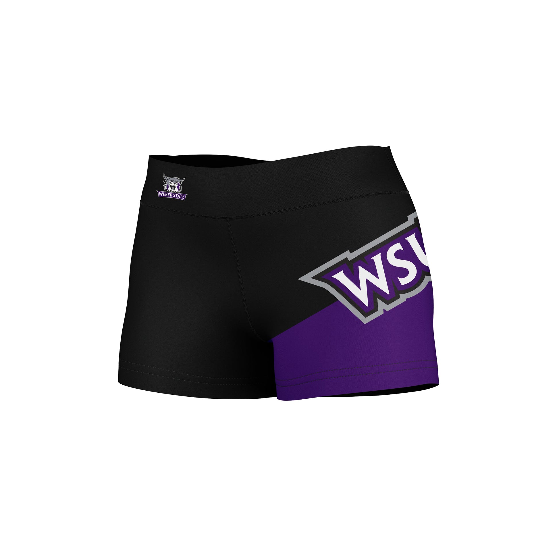 Weber State Wildcats WSU Vive La Fete Game Day Collegiate Leg Color Block Women Black Purple Optimum Yoga Short - Vive La F̻te - Online Apparel Store