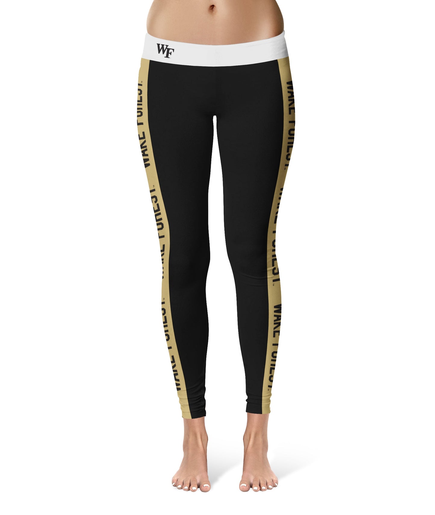 Wake Forest Demon Deacons WF Vive La Fete Game Day Collegiate Gold Stripes Women Black Yoga Leggings 2 Waist Tights