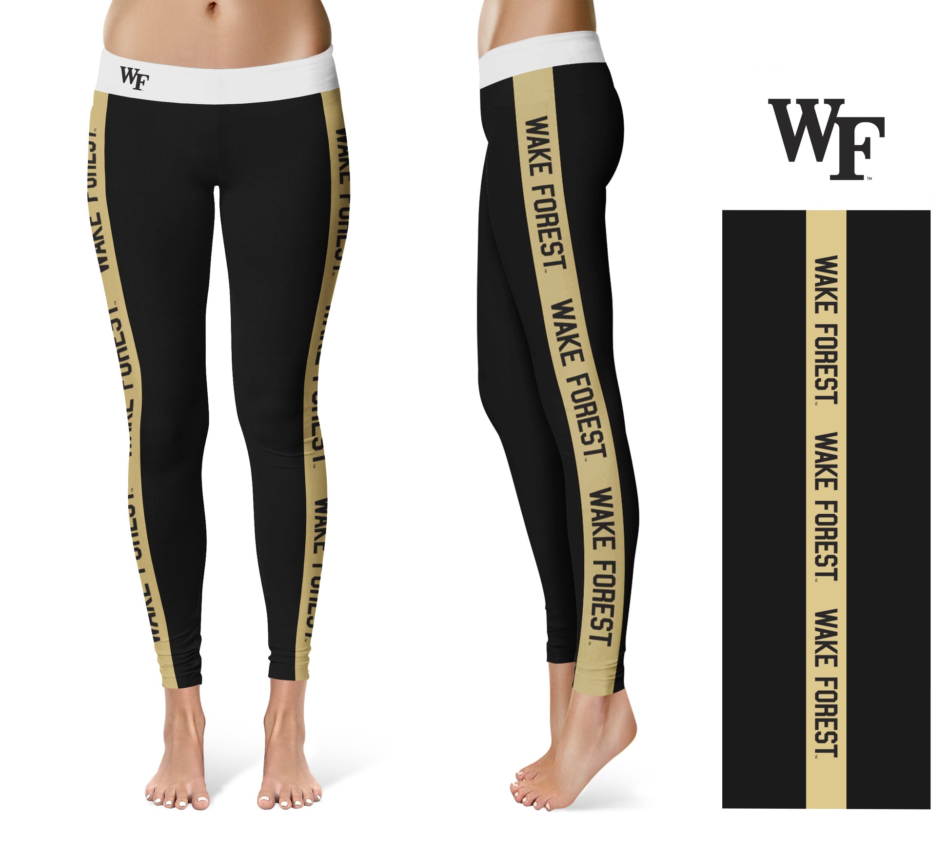 Wake Forest Demon Deacons WF Vive La Fete Game Day Collegiate Gold Stripes Women Black Yoga Leggings 2 Waist Tights