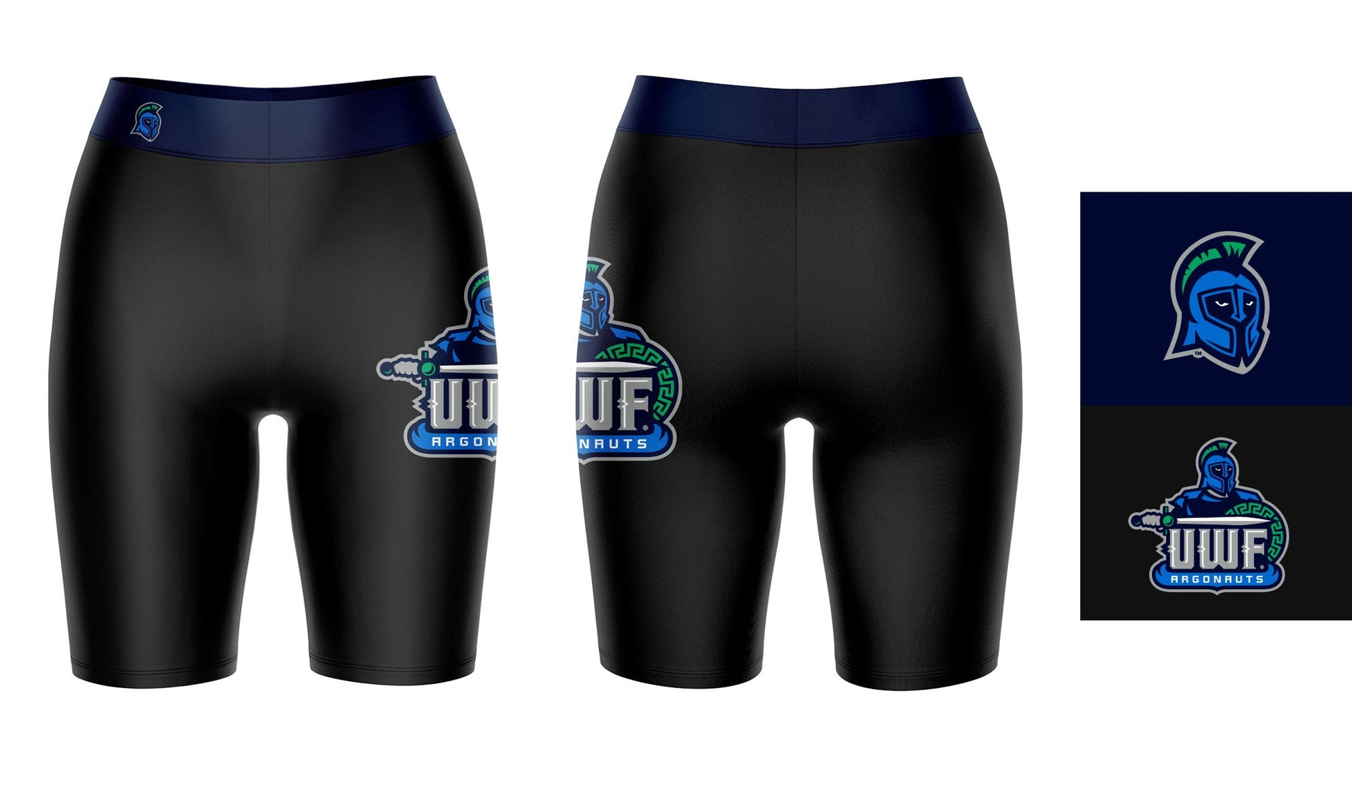 UWF Argonauts Vive La Fete Game Day Logo on Thigh and Waistband Black and Navy Women Bike Short 9 Inseam"