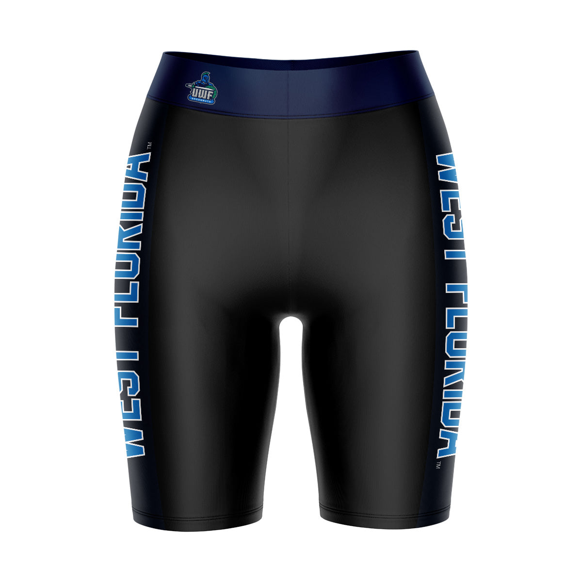 West Florida Argonauts WFU Vive La Fete Game Day Logo on Waistband and Navy Stripes Black Women Bike Short 9 Inseam