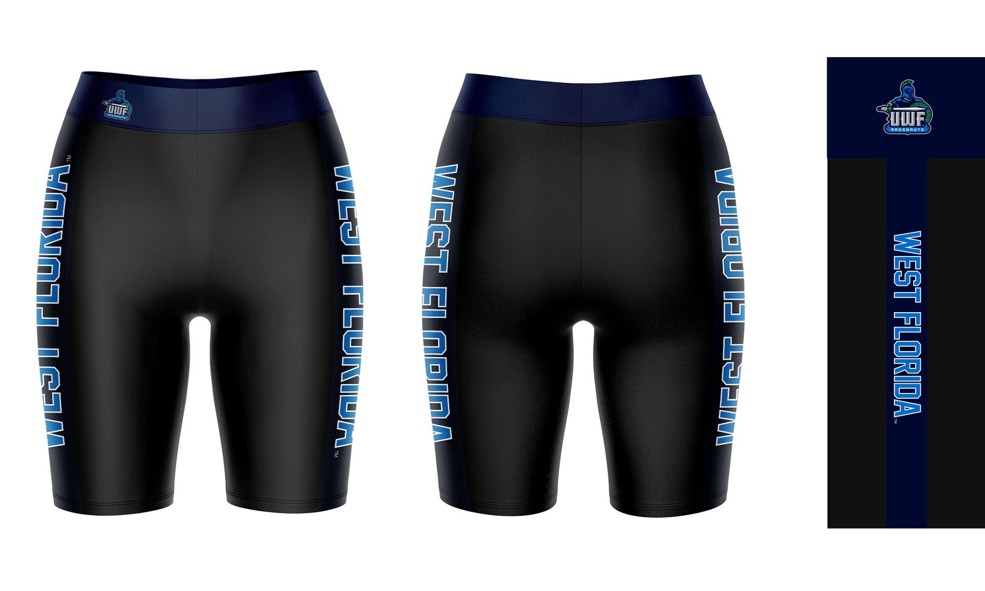 West Florida Argonauts WFU Vive La Fete Game Day Logo on Waistband and Navy Stripes Black Women Bike Short 9 Inseam