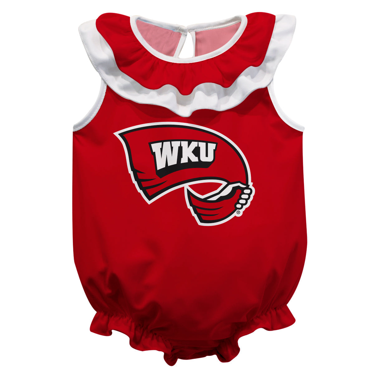 Western Kentucky Hilltoppers Red Sleeveless Ruffle One Piece Jumpsuit Logo Bodysuit by Vive La Fete