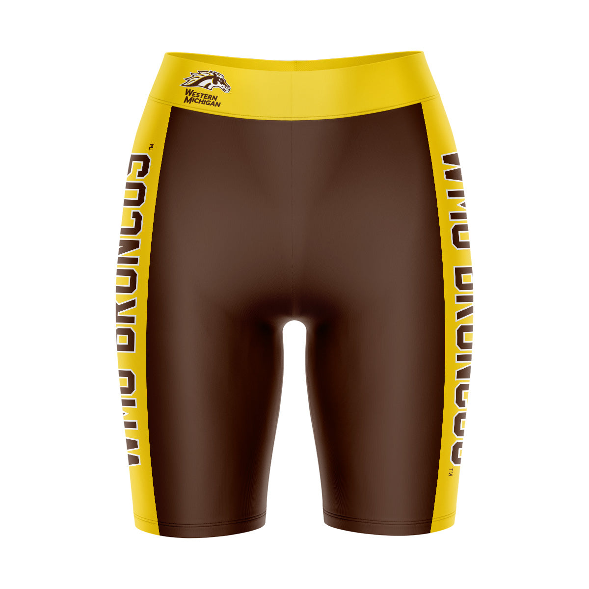 Western Michigan Broncos Vive La Fete Game Day Logo on Waistband and Gold Stripes Brown Women Bike Short 9 Inseam