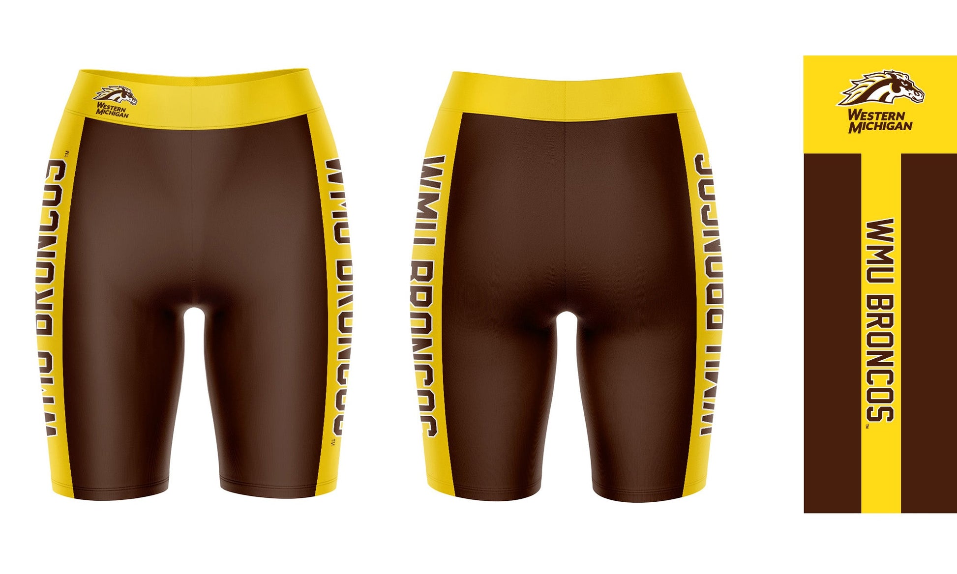 Western Michigan Broncos Vive La Fete Game Day Logo on Waistband and Gold Stripes Brown Women Bike Short 9 Inseam