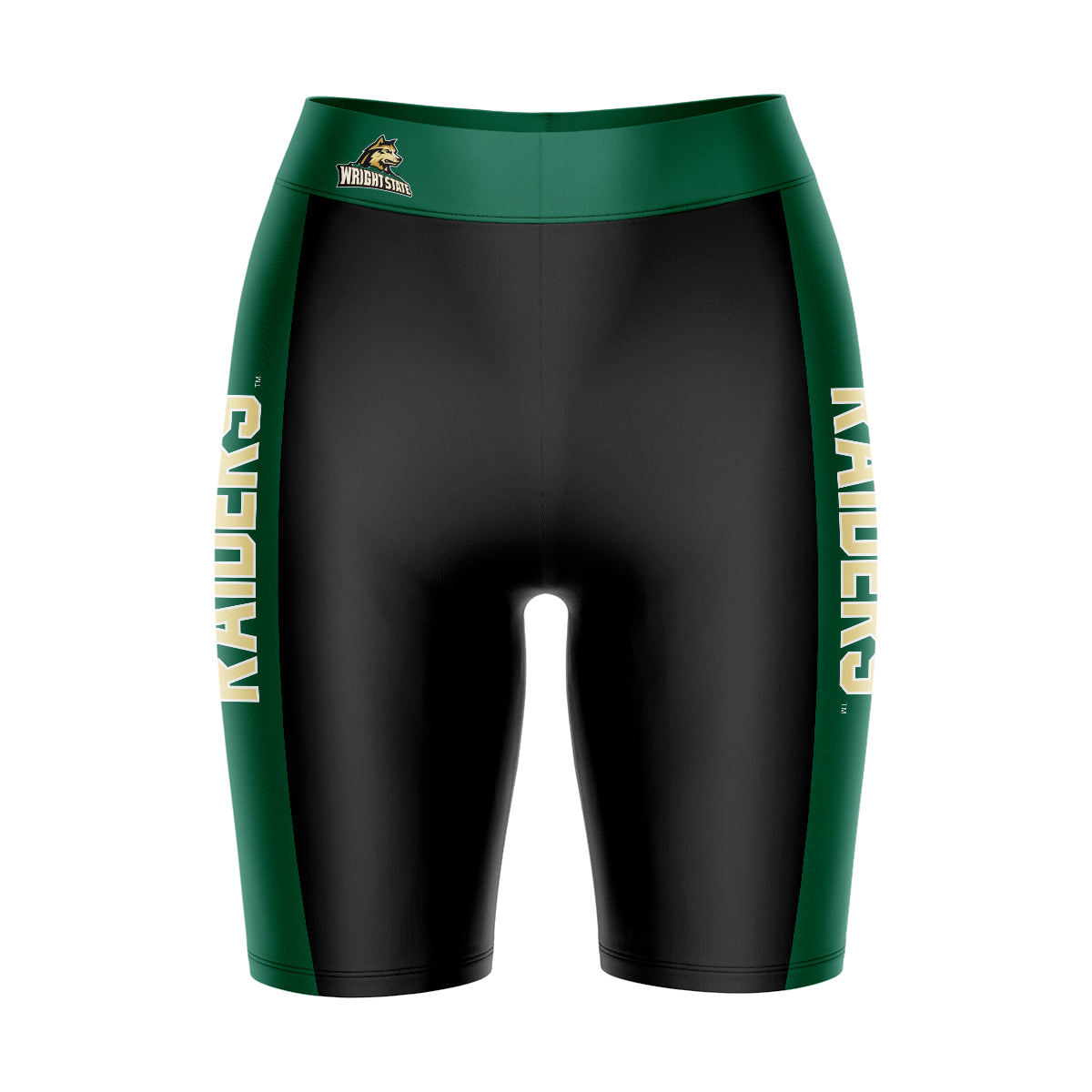 Wright State Raiders Vive La Fete Game Day Logo on Waistband and Green Stripes Black Women Bike Short 9 Inseam