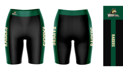 Wright State Raiders Vive La Fete Game Day Logo on Waistband and Green Stripes Black Women Bike Short 9 Inseam