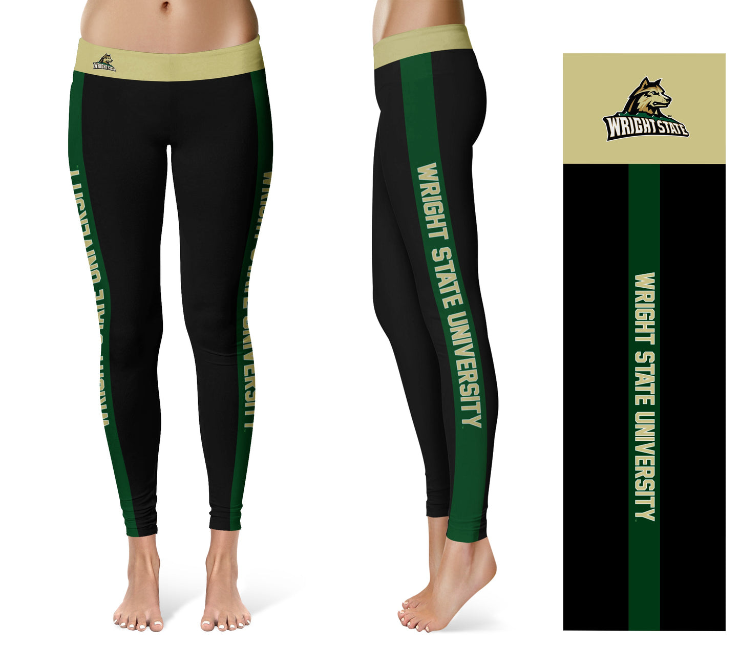 Wright State University Raiders Vive La Fete Game Day Collegiate Green Stripes Women Black Yoga Leggings 2 Waist Tights