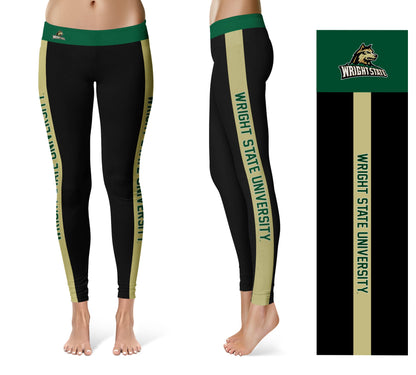 Wright State University Raiders Vive La Fete Game Day Collegiate Gold Stripes Women Black Yoga Leggings 2 Waist Tights