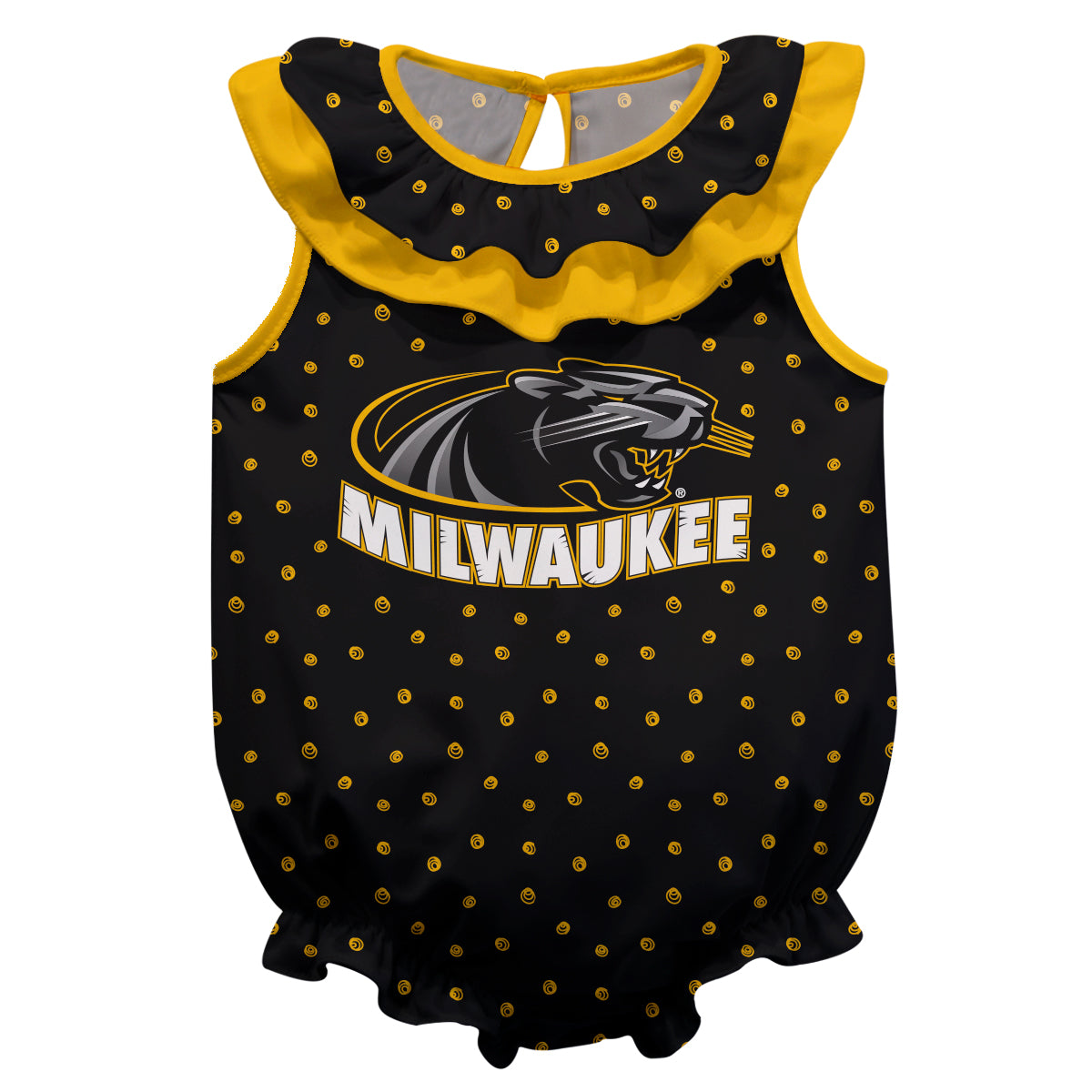 Milwaukee Panthers Swirls Black Sleeveless Ruffle One Piece Jumpsuit Logo Bodysuit by Vive La Fete