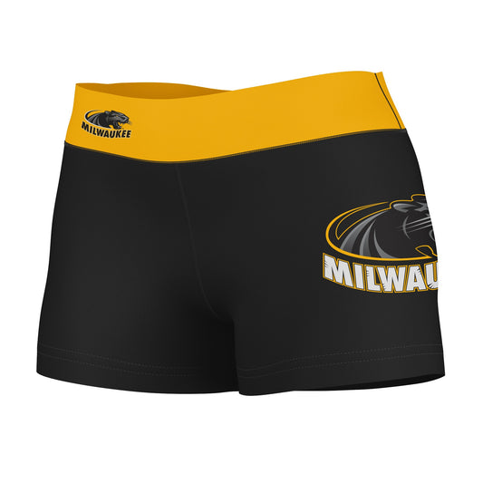 Milwaukee Panthers Vive La Fete Logo on Thigh & Waistband Black & Gold Women Yoga Booty Workout Shorts 3.75 Inseam"