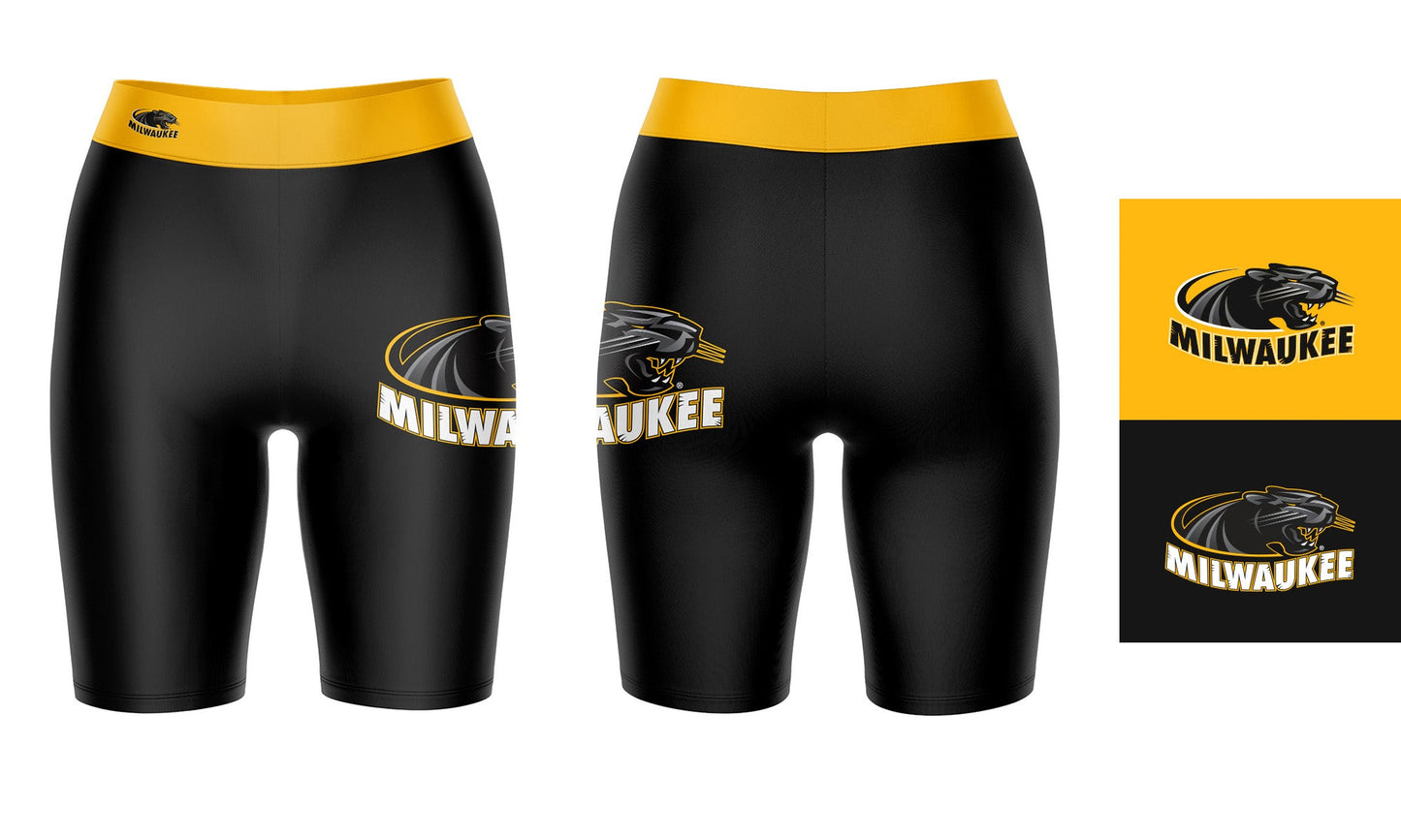 Milwaukee Panthers Vive La Fete Game Day Logo on Thigh and Waistband Black and Gold Women Bike Short 9 Inseam"