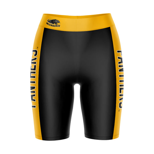 Milwaukee Panthers Vive La Fete Game Day Logo on Waistband and Gold Stripes Black Women Bike Short 9 Inseam