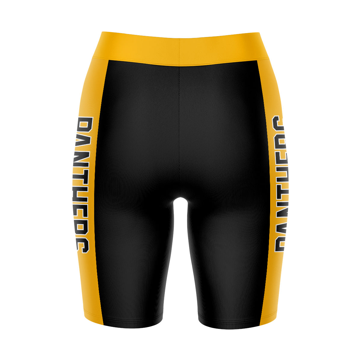 Milwaukee Panthers Vive La Fete Game Day Logo on Waistband and Gold Stripes Black Women Bike Short 9 Inseam