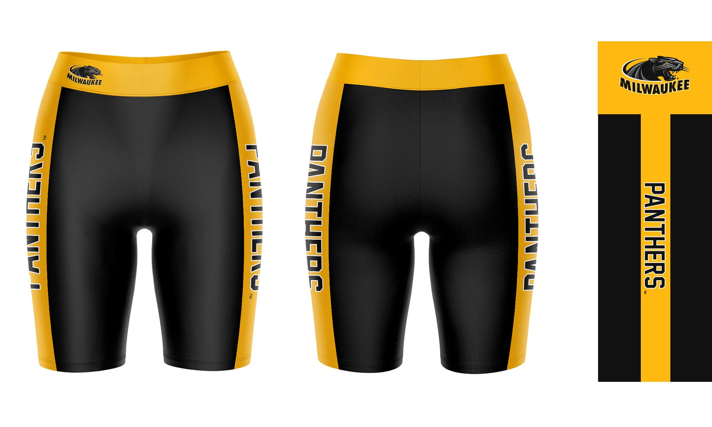 Milwaukee Panthers Vive La Fete Game Day Logo on Waistband and Gold Stripes Black Women Bike Short 9 Inseam