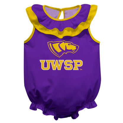 UWSP University of Wisconsin Stevens Point Pointers Purple Sleeveless Ruffle One Piece Jumpsuit Logo Bodysuit by Vive La Fete