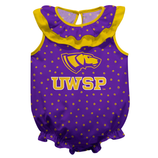 UW-Stevens Point Pointers UWSP Swirls Purple Sleeveless Ruffle One Piece Jumpsuit Logo Bodysuit by Vive La Fete
